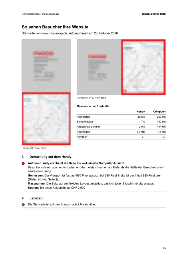 Seite 2 des Musterberichts: Bildschirmfotos vom Handy und vom Computer