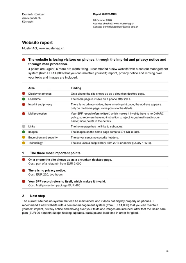 Page 1 of the sample report: summary with a traffic light per area